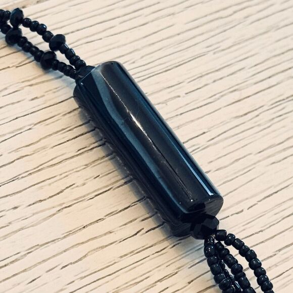 Vintage Black Onyx Tassel Necklace – 28" Natural Stone/Faceted Glass Beads - Picture 3 of 5